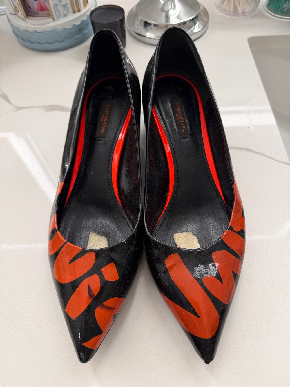 Louis Vuitton Black Patent Pointed-Toe Flats with Red Graphic Detail